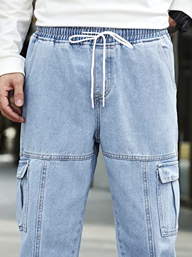 OYOANGLE Men's Drawstring Waist Flap Pocket Jogger Cargo Pants Carrot Denim Jeans with Pocket3