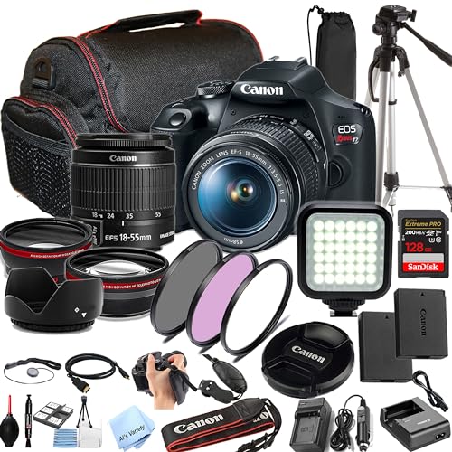 Canon EOS Rebel T7 Camera Bundle w/EF-S 18-55mm F/3.5-5.6 is II Zoom Lens with 128GB Extreme Speed, LED Video Light, Camera Case, Tripod,Spare Battery, Filter Kit, More (Essential DSLR Kit) (Renewed)