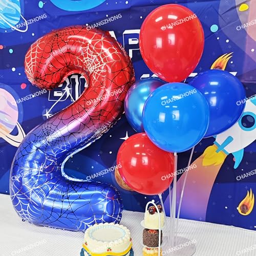 Image of 40 In Red And Blue Spider Theme Large Number 5 Balloon | Giant Large Helium Foil Balloon for Boy or Girl 5 th Birthday Wedding Anniversary Baby Shower Party Decorations