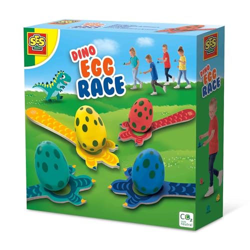 SES Creative | Dino Eierlauf Spiel für Kinder | Outdoor Bewegungsspiel mit 4 Holzlöffeln & Dino-Eiern | Garten-Wettlauf ab 3 Jahre | Inklusive Aufbewahrungstasche | Motorikspiel Dinosaurier Set