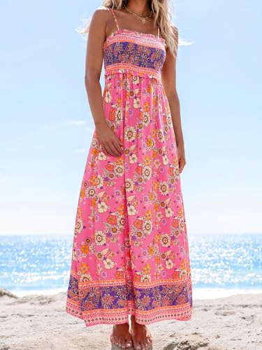 Image of CUPSHE Women Spaghetti Straps Boho Maxi Dress Summer Sleeveless Smocked Floral Beach Long Dress Flowy Cruise Vacation Outfits