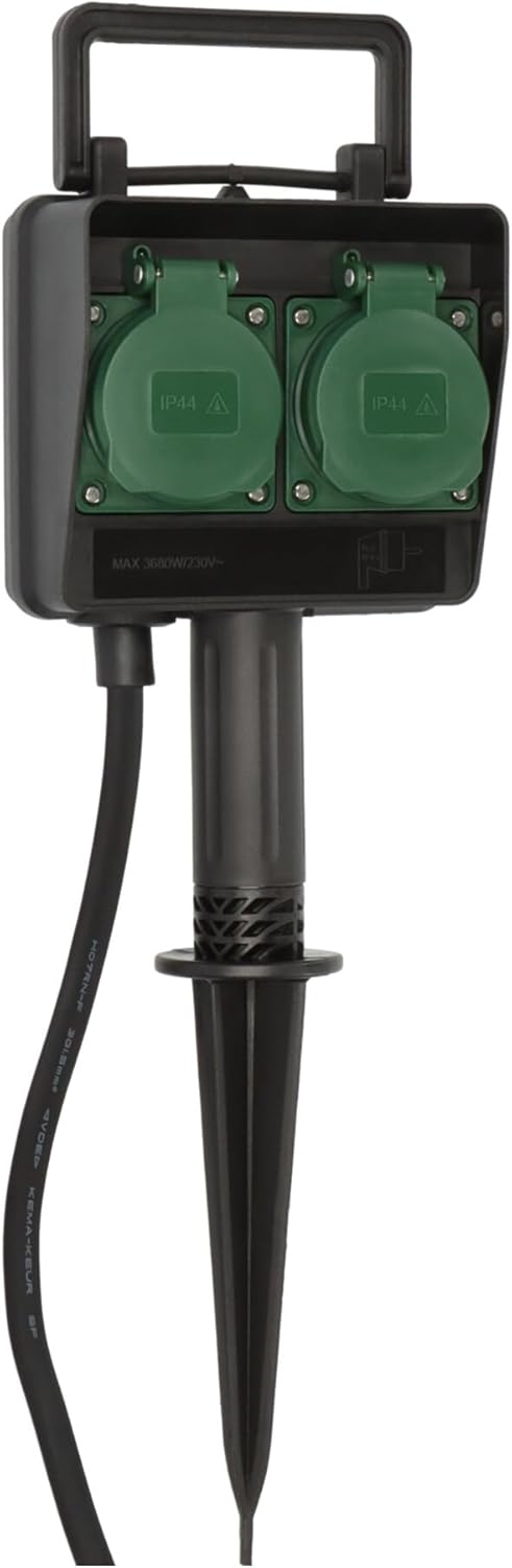 Brennenstuhl Toma de Corriente de jardín/de Exterior 2 Veces con Espiga de Tierra (plástico Resistente a la Intemperie, Toma de Corriente de Exterior con Carcasa Impermeable, Cable de 1,4 m) Negro