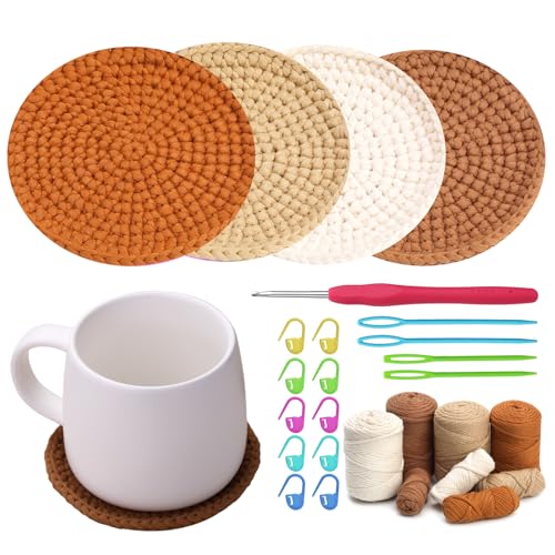 dipeer Crochet Kit, 4 Pcs Coaster Crochet Kits for Beginners Adults with Step-by-Step Video Tutorials Crochet Hook Yarn