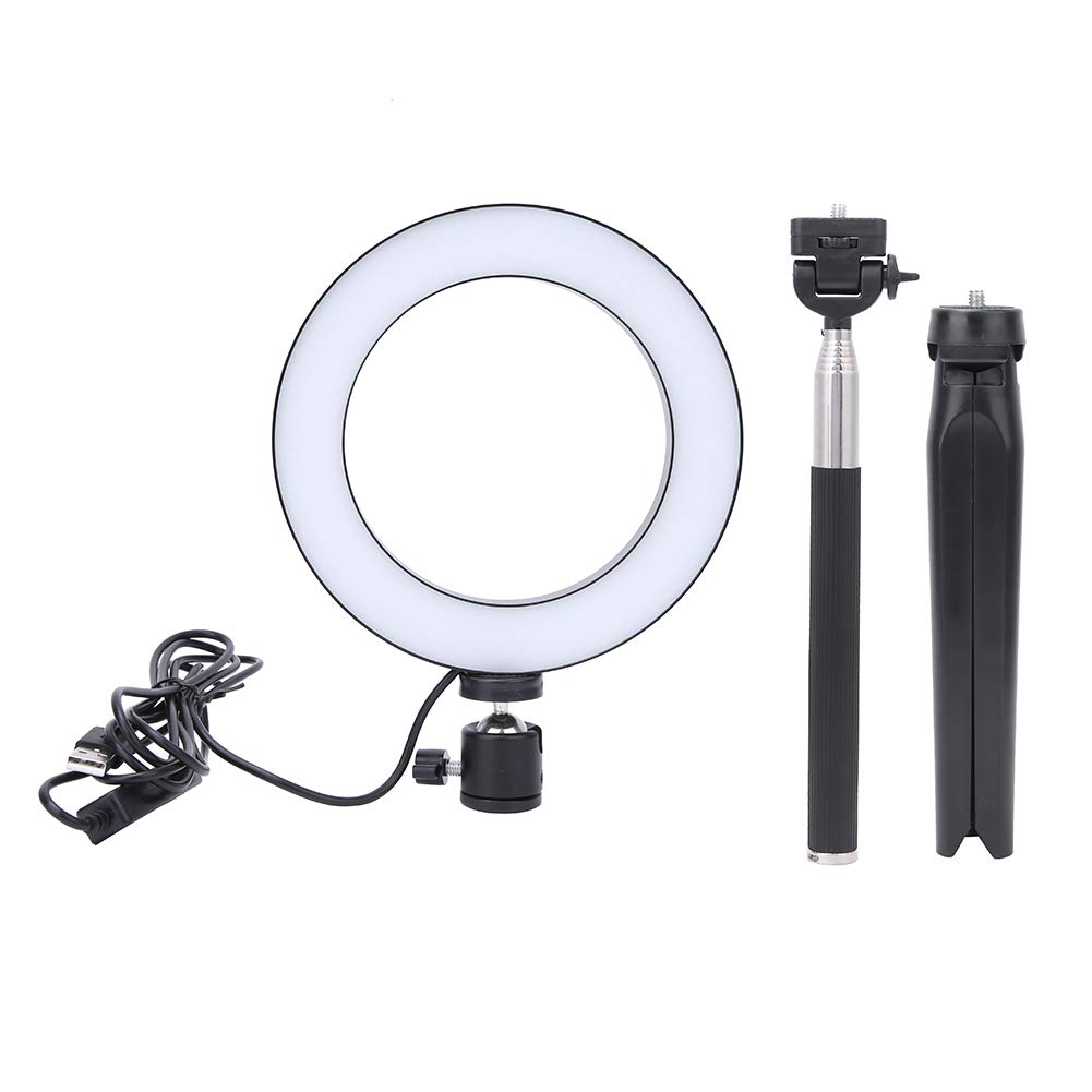 6-calowa ściemniana LED USB z Pierścieniem Wypełniającym do Fotografii + Statyw Stacjonarny + Kijek do Selfie, 10-poziomowe 3 Kolory Bezstopniowe Przyciemnianie + Urządzenie Przenośne dla