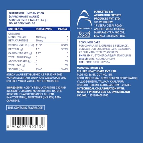 Image of Fast&Up Creatine Effervescent Tablets | Rapid Absorption | Orange Flavour | Creatine Monohydrate for Strength, Power, Recovery & Lean Muscle Gain | 20 Tablets