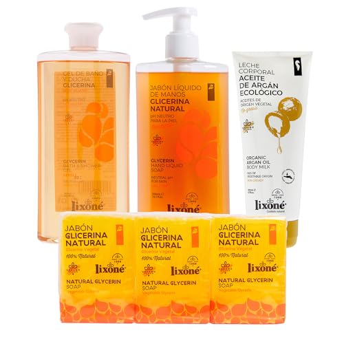 LIXONÉ - Pack de Cuidado Corporal con Glicerina y Aceite de Argán | Gel de Baño con Glicerina + Jabón Líquido Glicerina + Jabón Glicerina Pack 3 + Leche Corporal Aceite de Argán