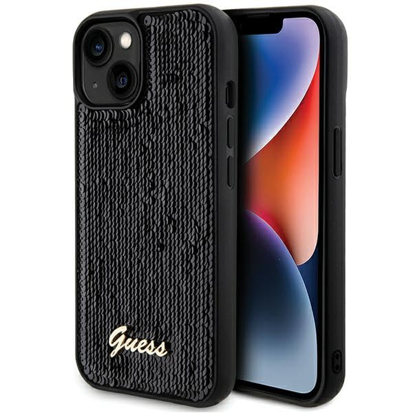 Guess GUHCP14SPSFDGSK Coque pour iPhone 14/15/13 6,1" Noir Coque Rigide Sequin Script Metal