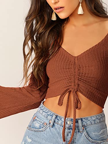 Image of SweatyRocks Women's Adjustable Drawstring String Long Bell Sleeve Rib Knit Sexy Crop Top