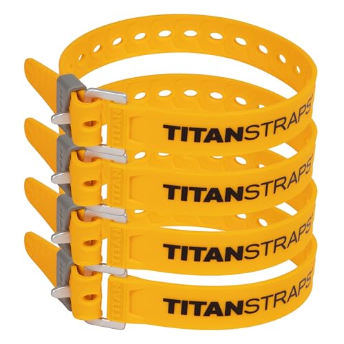 Titan Utility Straps Easy-to-Use, Reliable Tension Straps for Securing Bike & Moto Gear, Skis, Hoses, Field Repair Use in Frigid Temp 60 lb.Working Load, 18" Length, School Bus Yellow, 4-Pack