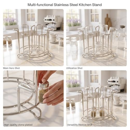Image of Stainless Steel Glass Holder Stand for Kitchen Countertop, Drinking Water Glass Organizer Rack, Tumbler Storage, Cup Drying Stand, Rust Resistant Multipurpose Tabletop Kitchen Organizer