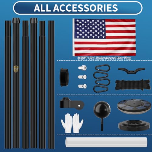 FFILY 11 Gauge Heavy Duty 25 FT Flag Pole with Solar Light, Unbending 120MPH Wind Resistance, 45K PSI & 95 HBW Hard Aerospace Aluminum Flagpole, In-Ground Flagpole Kit for Outside House by FFILY - Image 8