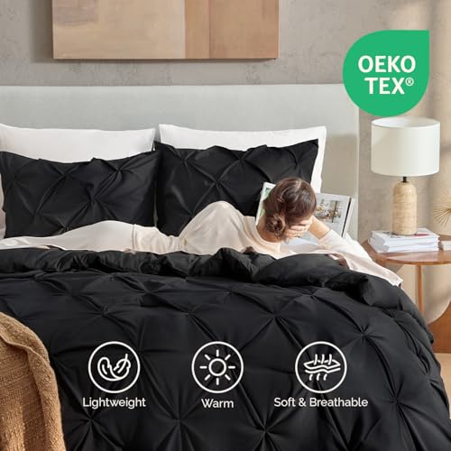Image of Andency Oversized King Pinch Pleat Comforter Set (120 inchx98 inch),3 Piece Lightweight Pintuck Bedding Comforters & Sets, Fluffy Down Alternative Comforter with 2 Pillow Shams for All Season,Black