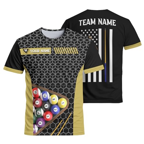 Personalize Print T-Shirt with Pool Player’s Name 3D Billiard Rack and Stick American Flag Outfit Billiard Game Gift