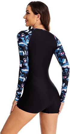 Akaeys Women's Rashguard Long Sleeve One Piece Zip Sporty Boyshorts Swimsuit Surfing Suit