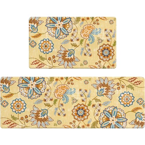 AMM Anti Fatigue Kitchen Mats for Floor Set of 2, Yellow Boho Floral Kitchen Floor Mat, Non Slip Cushioned Kitchen Rugs Waterproof Memory Foam Kitchen Mat Comfort Standing Mat for Office Laundry