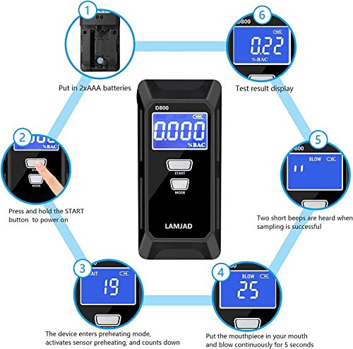 Lamjad Breathalyzer, Professional Alcohol Tester With Digital Lcd Screen, Semiconductor Sensors And 10 Mouthpieces, Police-Specific Alcohol Meters For Personal And Professional Use (D800) #TOP4