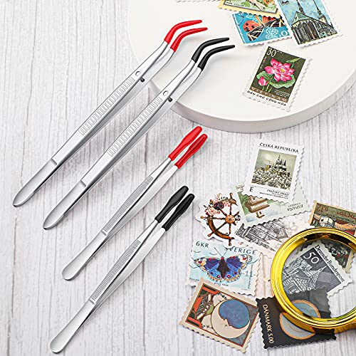 2 Pieces Tweezers Bent Tip Tweezers With Rubber Tips Pvc Coated And 2 Pieces Tweezers Rubber Coated Pvc Soft Non Marring Flat Tips Lab Hobby Jewelry Craft Tool Stainless Steel Tweezer (Black And Red) #TOP3