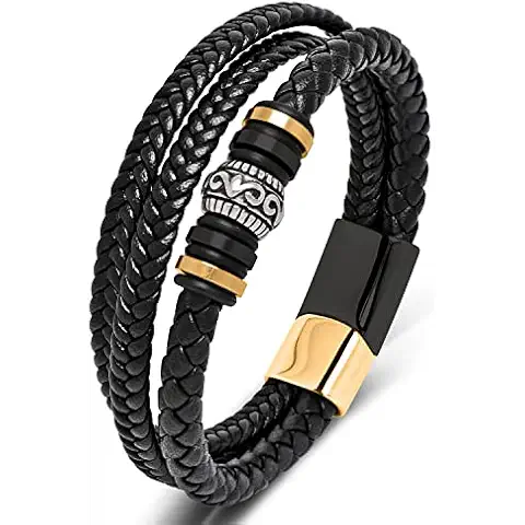 LJWVX Men's Leather Bracelet Black Multilayer Leather Braided Wrist Cuff Accessory Stainless Steel Clasp Men Jewelry Gift for Dad Cover