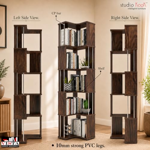 Image of Studio Kook Vista Engineered Wood Corner Bookshelf | Bookcase (Matte Finish) (Junglewood)