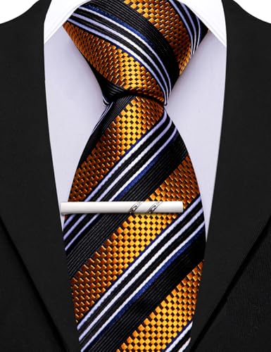 Image of Barry.Wang Silk Men Ties Formal Stripes Necktie and Tie Clip for Wedding Party Business Fashion Classic