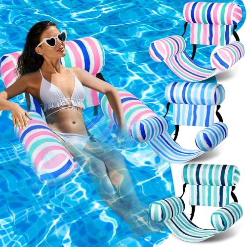 Blueweenly 3 Pack Pool Chair Float Adult, Adjustable Heavy Duty Floating Lounge Chairs, Fabric Floating Hammock, Inflatable Pool Floats for Party Summer Water Beach Lake Fun(Blue-Pink Series)