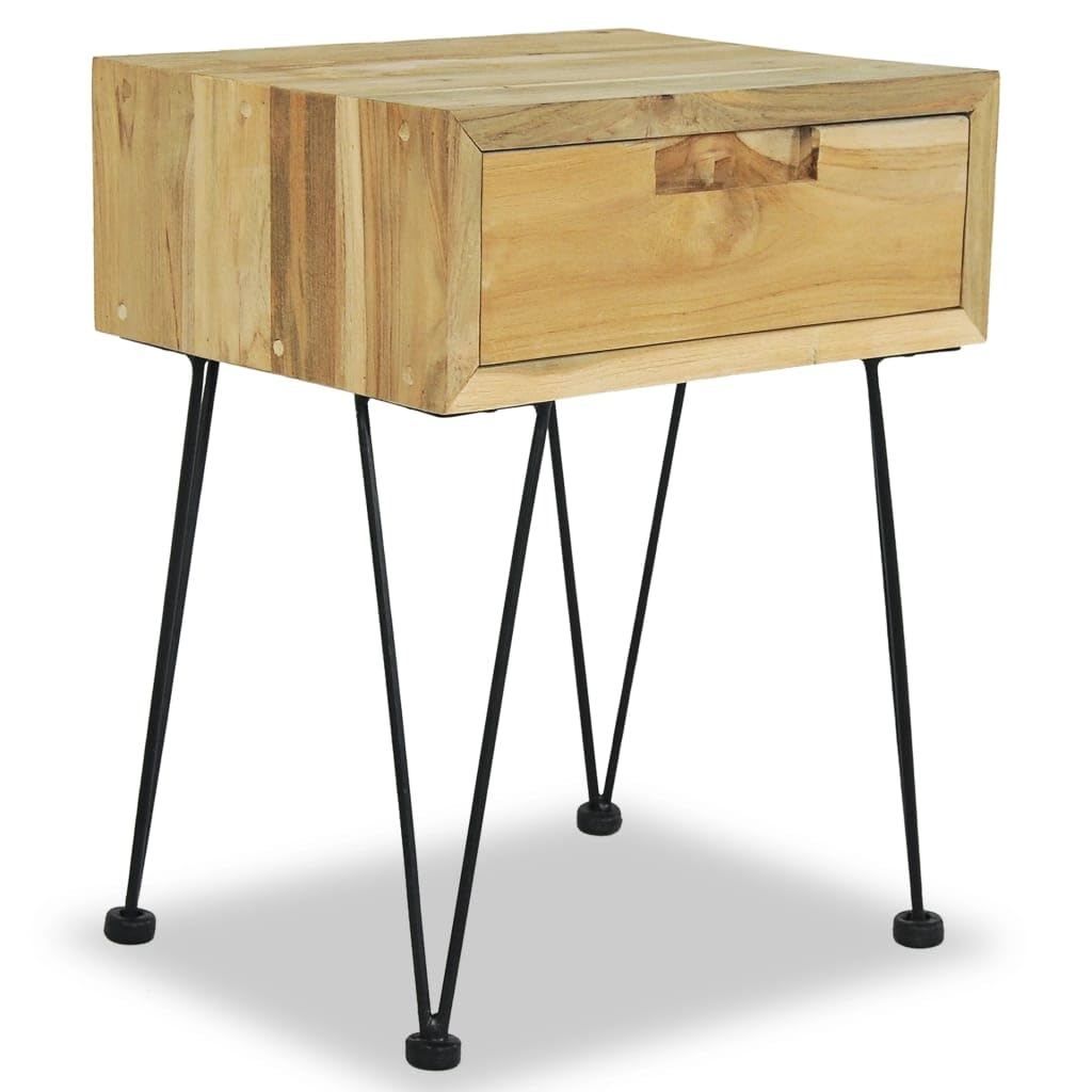 Mesita de noche de madera maciza, 40 x 30 x 50 cm, estilo colonial, con cajón y patas de hierro forjado, diseño rústico, espacio de almacenamiento, mesa auxiliar
