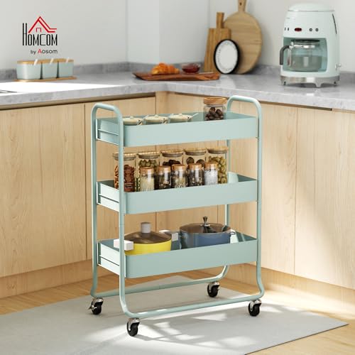 HOMCOM 3-Tier Storage Trolley on Wheels, Rolling Utility Cart with Mesh Backets, Mobile Storage Cart for Kitchen, Bathroom, Bedroom, Light Green - Image 2