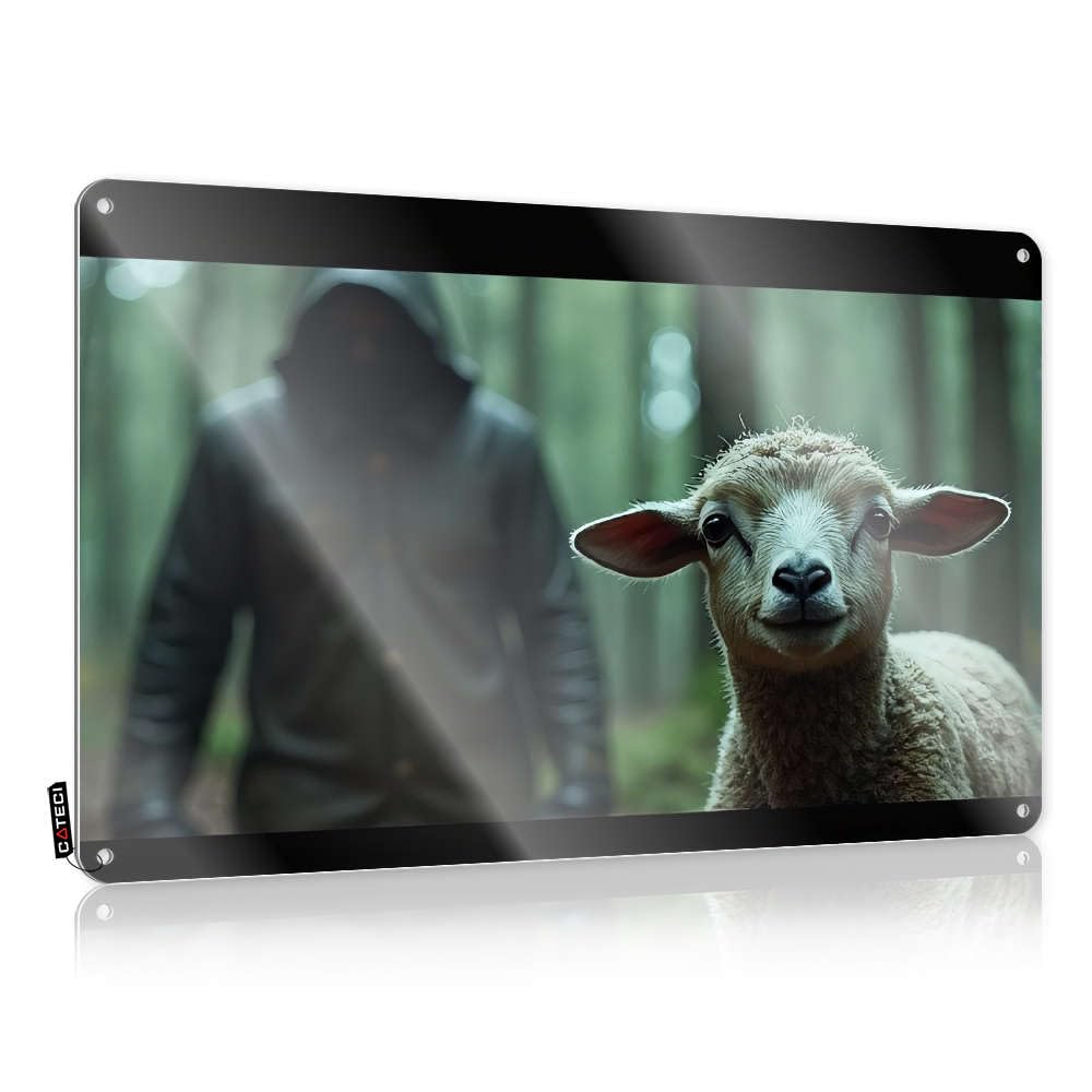 IBWNBBUSN Funny Vintage Metal Sign A Sheep Looks At A Hooded Figure In The Forest. Tin Sign Beer Signs For Man Cave Tin Metal Decor(20X30CM)