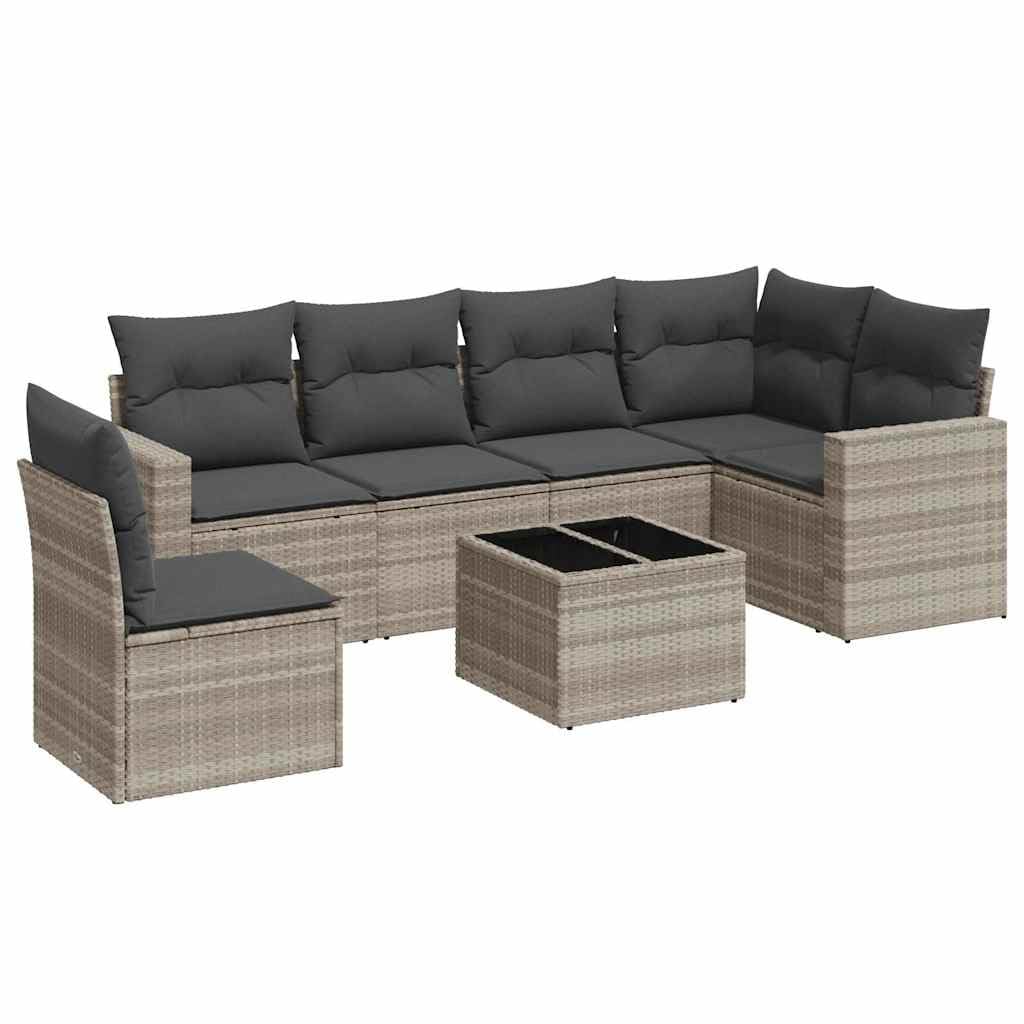 Set divano in polyrattan grigio chiaro con tavolo in vetro, set di sedute con cuscini, divano da giardino modulare con vano portaoggetti e borsa idrorepellente, fodere sfoderabili e lavabili