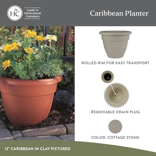 The HC Companies Caribbean Planter Pot - Outdoor & Indoor Plant Pot with Drainage Hole & Plug - Rolled Rim Plastic Pots for Plants & Flowers - Decorative Plant Pot (20" Cottage Stone, Pack of 1)