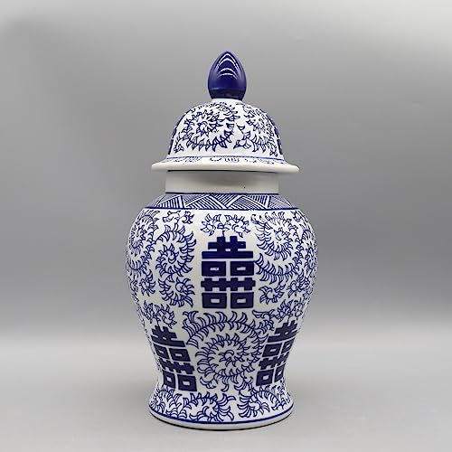 Tarro de porcelana china azul y blanco, patrón tradicional de doble felicidad, jarrón decorativo con tapa