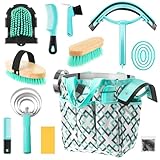 Abbylike 12 Pieces Horse Grooming Kit with Organizer Tote Bag Tack Room Supplies Horse Brush Sets Equine Care Cleaning Kit Shedding Grooming Massaging Tools (Mint Green and Grey)