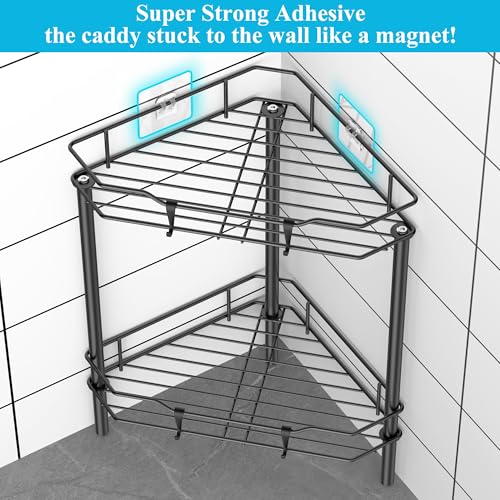 Image of HuggieGems 2 Tier Floor Standing Corner Shower Caddy Organizer Shelf with Hooks, Bathroom Shelves Stand Rack, Black