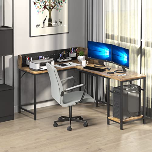 Image of NSdirect Computer Desk,55 inch Home Office Desk with Bookshelf Industrial Study Writing Table with Space Saving Design Modern Simple Style Laptop Table (Rustic Brown)