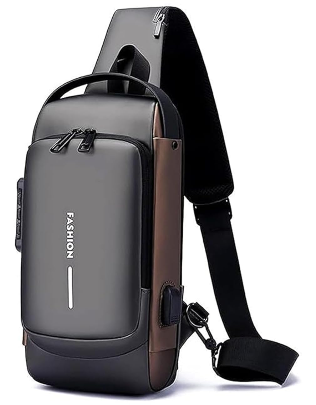 PU Leather Bag, Anti-Theft Sling Backpack with USB Charging Port, Single Shoulder Bag, Crossbody Chest Bag for Men, Women, Waterproof, Travel Shoulder Sling Bags(Grey Golden)