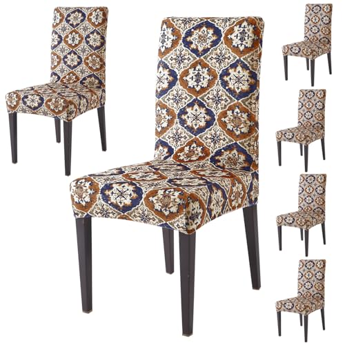 Image of HOKIPO Premium Printed Velvet Dining Chair Cover Set of 6, Indigo Moroccan Charm (AR-5794-D7*6)