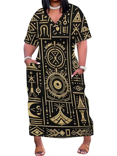 Image of Plus Size Maxi Dress for Women Short Sleeve V Neck Casual Loose Sundress with Pockets