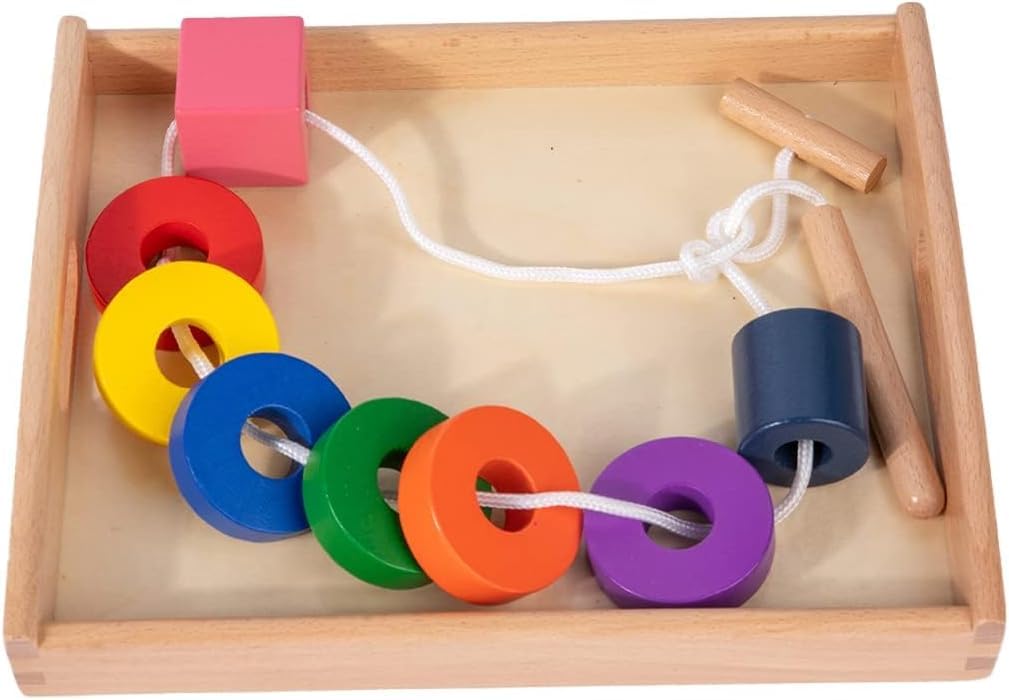 Adena Montessori Wooden Lacing with Tray Stringing Bead Set Toy,Montessori Wooden Beads Shape Sequencing Set for 1 2 3 Year Old Toddler,Fine Motor