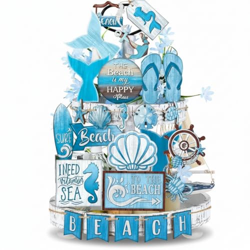 Seeloowy 26 Pcs Summer Beach Tiered Tray Decoration Summer Wood Signs Beach Kitchen Decoration Rustic Farmhouse Tiered Tray Table Decorations for Home Party