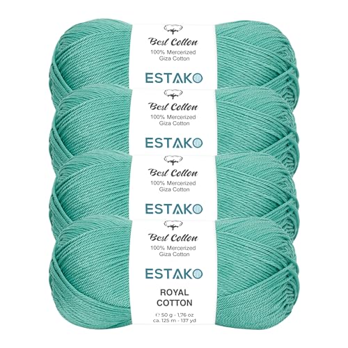 Image of Estako Royal Cotton, (4 Skeins Pack) 100% Mercerized Giza Cotton Yarn, Soft, Super Fino for Crochet and Knitting (4 x 1.76 Oz) / (4 x 137 Yrds) (5081 - Cyan)