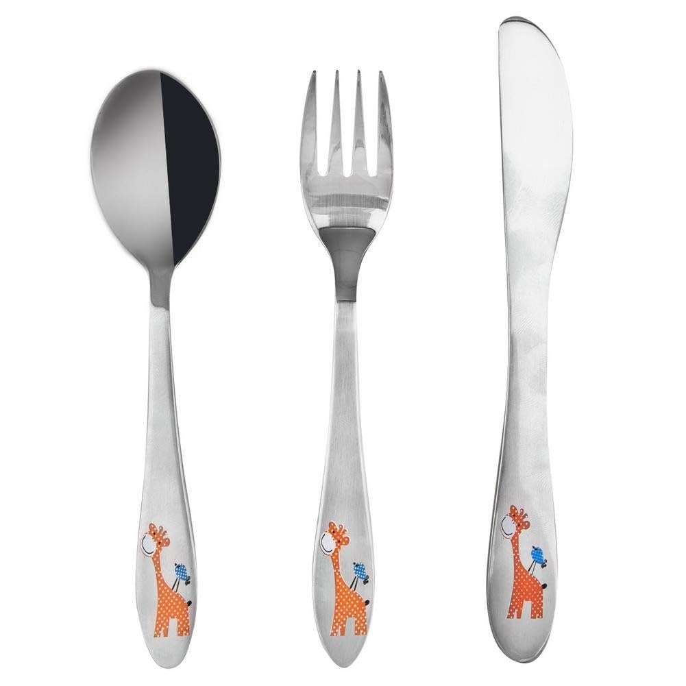 Set di posate per bambini, in acciaio inox, giraffa, 3 pezzi