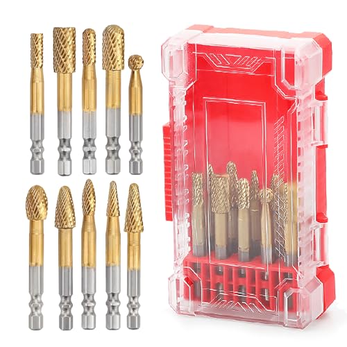 Image of 10 Pieces Set Carbide Burr Set with 1 /4 inch Hex Shank,Double Cut Tungsten Carbide Rotary Burr Set for DIY Grinder Metal Wood Carving Engraving Polishing Drilling Grinding Milling Cutting