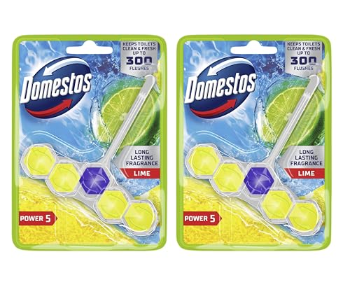 Image of Domestos Power 5 Lime Toilet Rim Blocks 2x 50 g Toilet Freshener with Long-Lasting Fragrance Clean and Freshen for up to 300 Flushes