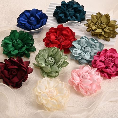 Image of M METERXITY Rose Flower Brooches and Pins for Women, Lapel Pins Dainty Satin Fabric Big Camellia Hair Flowers Clips for Wedding /Parties /Clothes /Jewelry