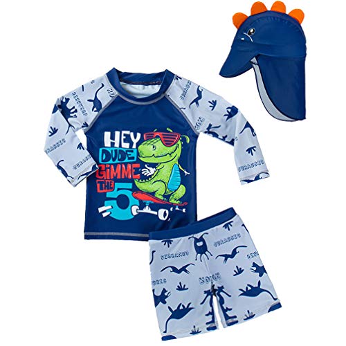 Toddler Baby Boys Two Pieces Swimsuit Swimwear Set Kids Bathing Suit Rash Guards with Hat UPF 50+ (18-24 Months, Navy Dinosaur)