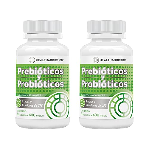 HEALTHADDICTION 2 Pack Probióticos y Prebióticos - Fórmula Avanzada con 4 Cepas, 10 Billones de UFC y Cápsulas de Absorción Entérica - Sin Gluten, Sin...