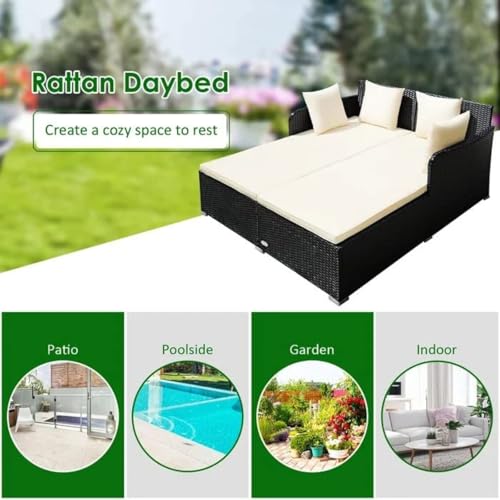 Image of BRISHI Outdoor /Pool Side /Garden /Balcony /Porch /Backyard /Terrace /Patio /Beach /Rectangular Sofa Sunbed Wicker and Rattan Daybed (Black-White)