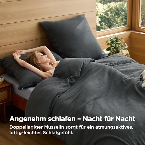 Image of BEDSURE Muslin Bed Linen 135 x 200 cm 4-Piece - Anthracite, 80 x 80 cm Pillowcases | 100% cotton bed linen sets, 2 duvet covers 135 x 200 cm and 2 pillowcases 80 x 80 cm, with zip, soft, breathable