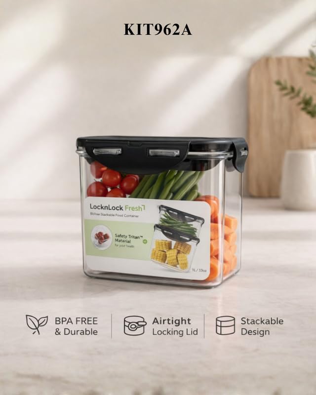 Image of LocknLock Bisfree Modular Storage Container Setof 2 (1000ml) | Stackable Airtight Food Containers | Microwave, Freezer & Dishwasher Safe | BPA Free Kitchen Storage Boxes