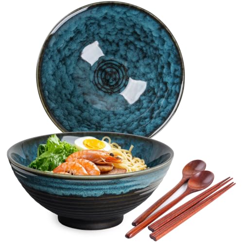 Image of Auanlay 1200ml Ceramic Ramen Bowl Set of 2 Japanese Noodle Bowls with Spoons and Chopsticks, Nebula Blue